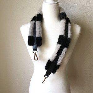 JIYO Handbag Strap 100% Real Fur Gray Black Leather Silver Tone Hooks 38"